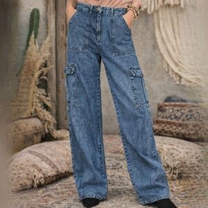 Blue Stone Wash Wide Leg High Waist Carpenter Boho Jeans Size 6